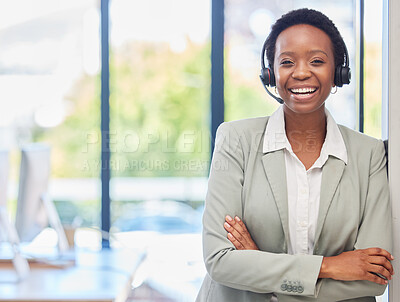 Buy stock photo Happy black woman, call center and portrait with arms crossed for customer service, telecom and consultant in CRM office. Female agent smile for sales consulting, telemarketing and pride for support