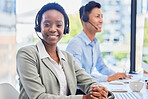 Black woman, telemarketing and smile at help desk for communication, customer support or contact in coworking call center for CRM. Happy female agent consulting for sales, telecom or advice in office