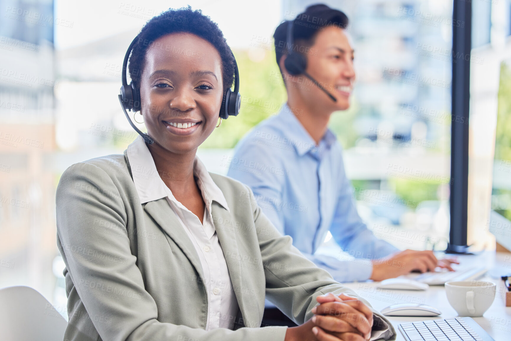 Buy stock photo Black woman, telemarketing and smile at help desk for communication, customer support or contact in coworking call center for CRM. Happy female agent consulting for sales, telecom or advice in office