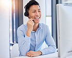 Call center, computer and man, consultant or business agent for information technology, software support and helping. Communication, IT worker or asian person speaking, virtual consulting and desktop