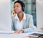 Stress, call center and black woman frustrated by faq, customer service or internet delay in office. Contact us, face and annoyed African lady consultant with 404, glitch or problem while consulting