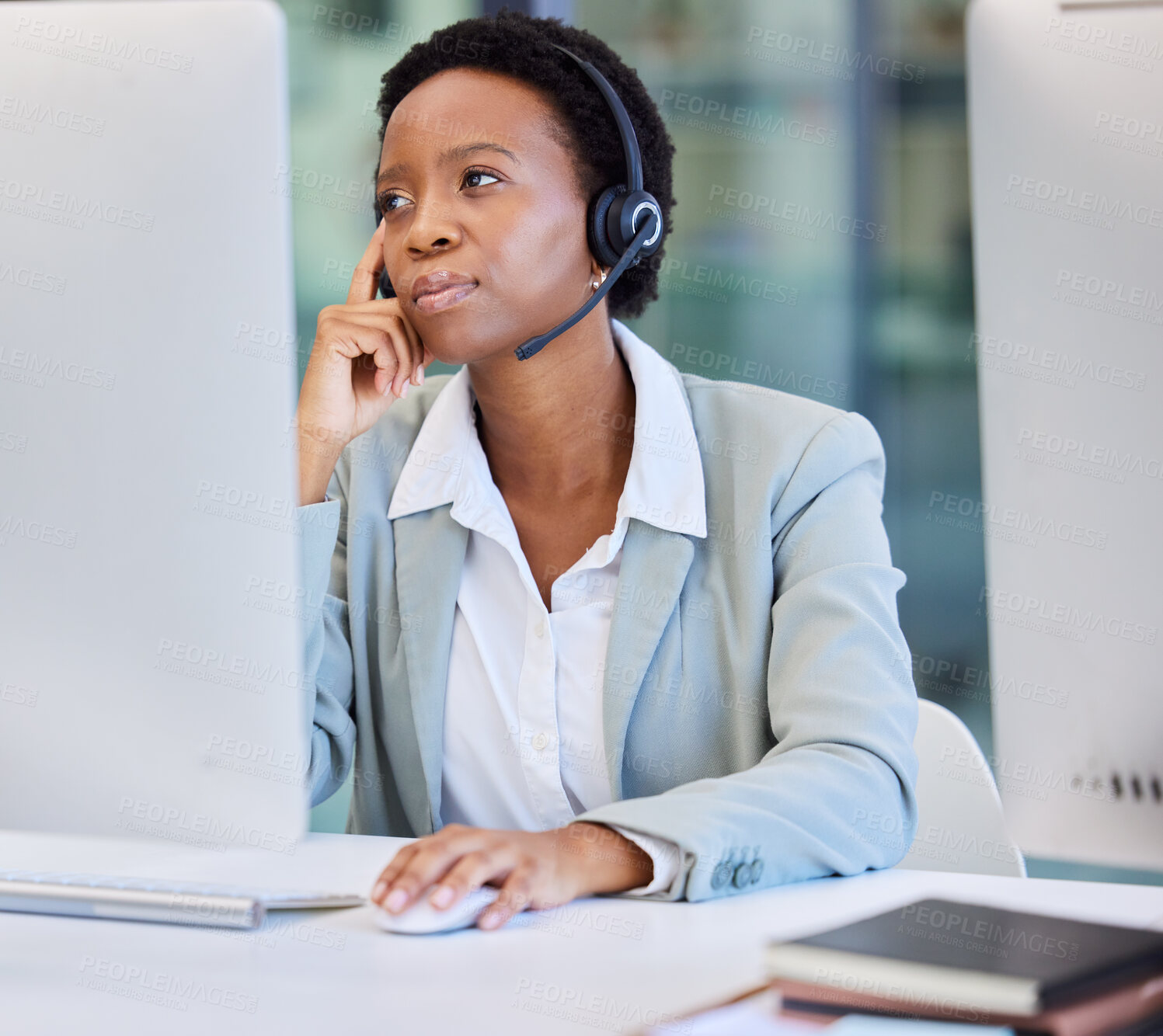 Buy stock photo Stress, call center and black woman frustrated by faq, customer service or internet delay in office. Contact us, face and annoyed African lady consultant with 404, glitch or problem while consulting