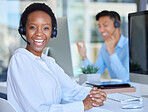 Portrait, call center and black woman on computer in office consulting for crm, contact us or customer service. Face, telemarketing and African lady consultant with online help or friendly advice