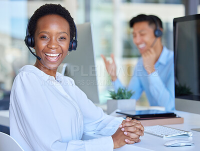 Buy stock photo Portrait, call center and black woman on computer in office consulting for crm, contact us or customer service. Face, telemarketing and African lady consultant with online help or friendly advice