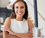 Call center, woman and happy for customer service, telecom support and contact us for CRM questions. Female agent smile with microphone for telemarketing, sales consulting or advisor at help desk