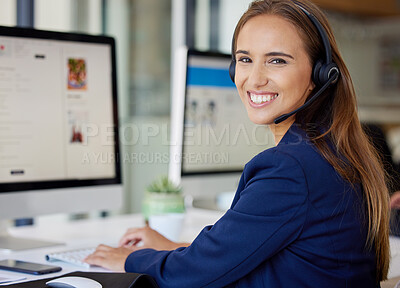 Buy stock photo Call center, computer and portrait of woman, consultant or agent for e commerce, telemarketing and customer service. Communication, professional face and person for virtual telecom and website screen