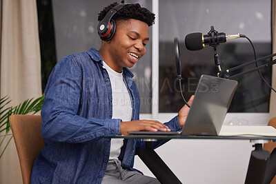 Buy stock photo Black man with a podcast, laptop and microphone with headphones for audio, technology or listening to sound in office. Talking, radio and presenter of live streaming show, broadcast or discussion