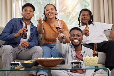 Buy stock photo Relax, television and friends on a sofa with beer and popcorn for movie, film or streaming in their home. Group of people, watching tv and smile in living room together with entertainment on weekend
