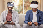Friends, virtual reality video game and challenge, competition and futuristic gaming at home with esports. Metaverse, VR goggles and digital world, men in living room with 3D games and technology
