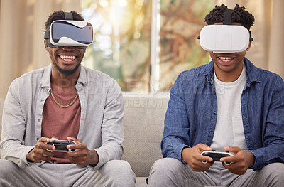 Buy stock photo Friends, virtual reality video game and challenge, competition and futuristic gaming at home with esports. Metaverse, VR goggles and digital world, men in living room with 3D games and technology
