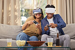 Couple, virtual reality and video games, esport and metaverse, people at home and futuristic gaming date. Time together, fun and digital world with man and woman in living room with 3D games and tech