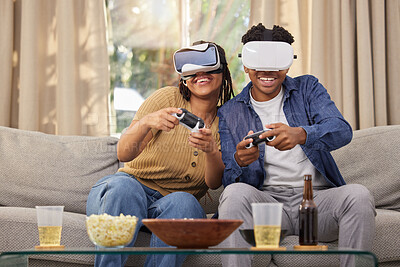 Buy stock photo Couple, virtual reality and video games, esport and metaverse, people at home and futuristic gaming date. Time together, fun and digital world with man and woman in living room with 3D games and tech