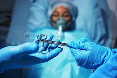 Buy stock photo Hands, scissors for operation and a surgeon team with a patient in the hospital emergency room. Medical, equipment or surgery with doctors or medicine professionals in a clinic theatre from above