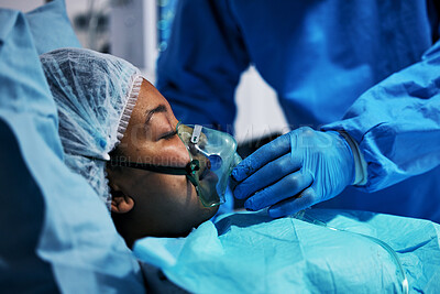 Buy stock photo Healthcare, doctor and patient in oxygen mask for surgery, emergency care and hospital bed. Breathing, support and air, surgeon helping person in operation, professional service for medical results.