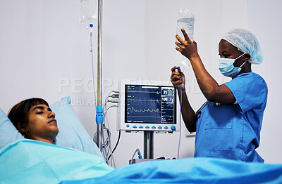 Buy stock photo Hospital, nurse with face mask and iv drip for patient in bed, clinic or medical emergency, surgery and person with life insurance. Nursing, doctor or surgeon with medicine or healthcare worker