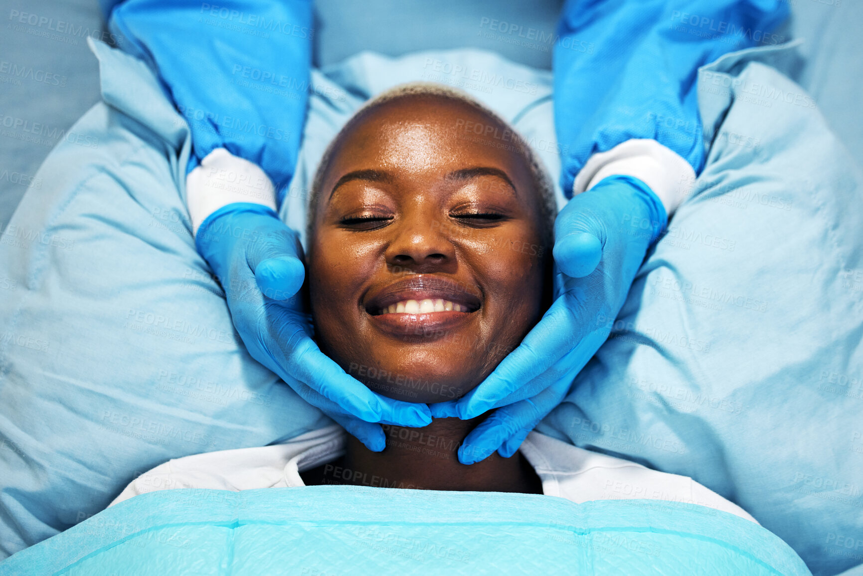 Buy stock photo Beauty, smile and hands of surgeon on black woman face in clinic for plastic surgery, skincare or chemical peel. Medical, facial and female consulting dermatologist on anti aging, collagen or filler