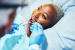Dentist, inspection and woman with tools in mouth at clinic for cavity, teeth whitening and helping hand for pain. Dental surgeon, African patient and mirror for exam, care or check for healthy smile