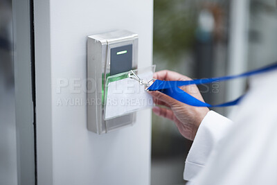 Buy stock photo Hand, key card and scan for security door, entrance or access control for safety in business, facility and property. Hands, electronic keys and laser reader or technology to lock or secure laboratory