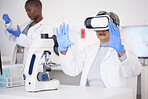 Scientist, woman and virtual reality, futuristic and science study with metaverse, medical research and investigation. Biotech, scientific review and female doctor in simulation and VR goggles in lab