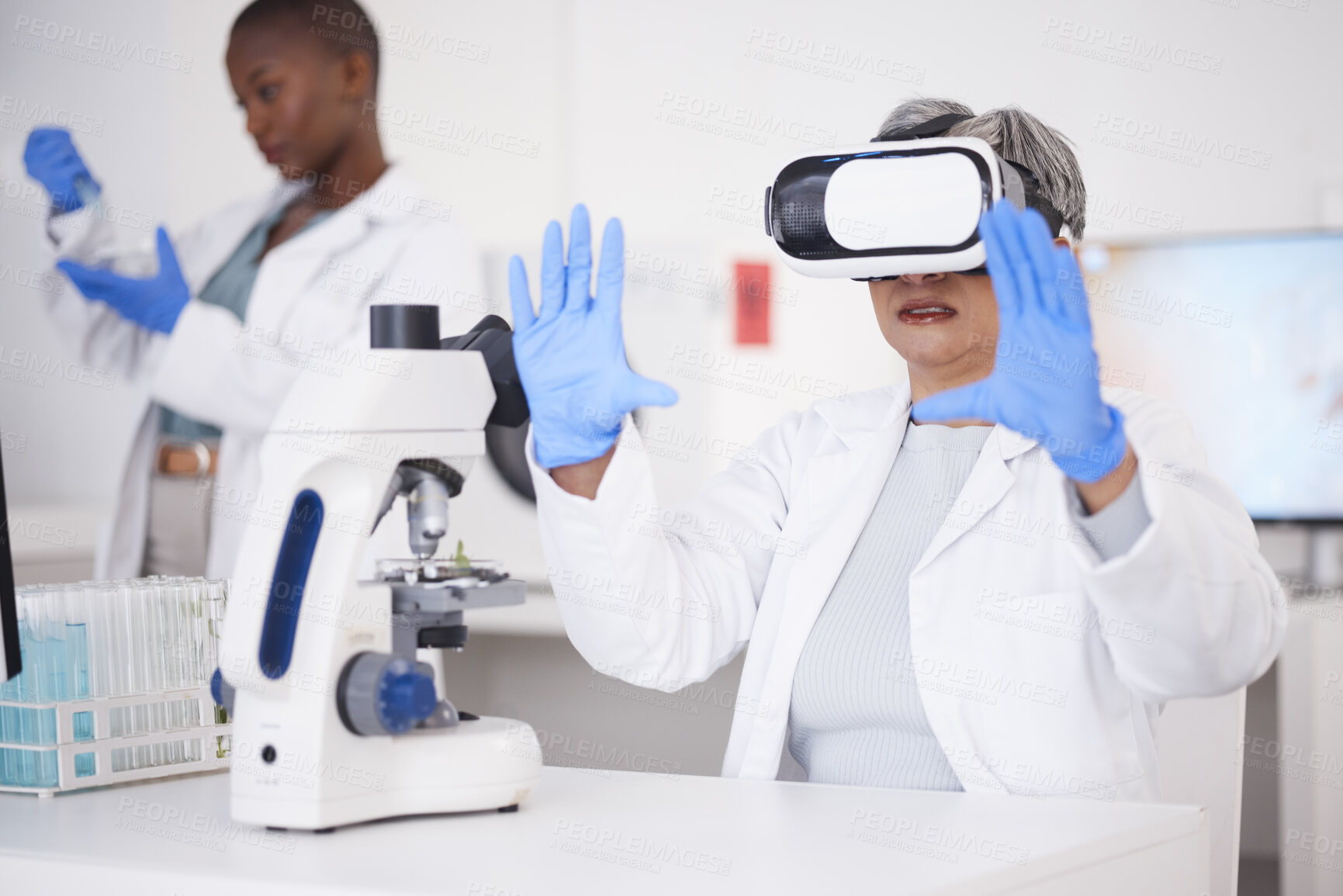 Buy stock photo Scientist, woman and virtual reality, futuristic and science study with metaverse, medical research and investigation. Biotech, 3D and female doctor, digital world experience and VR goggles in lab