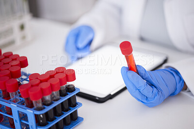 Buy stock photo Blood, sample in tube and scientist hand, DNA and biology, medical research and science with person in lab. Health, drug test and analysis with doctor, scientific experiment and pharmaceutical study