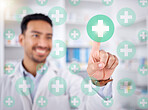 Pharmacist man, hand and health with hologram cross, happy and choice with futuristic 3d overlay in store. Young pharmacy manager, icon and smile for healthcare, wellness and decision for drugs on ux