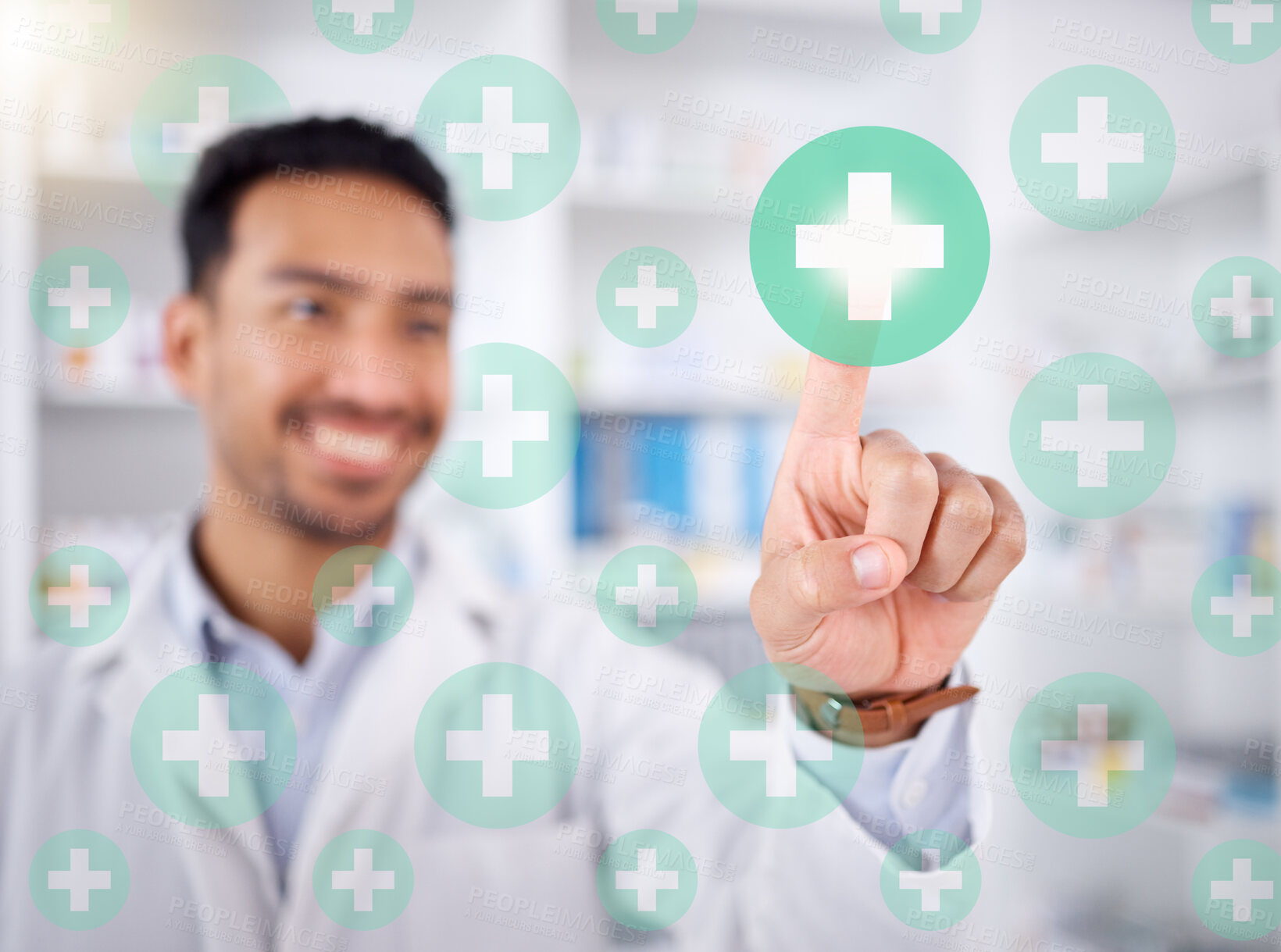 Buy stock photo Pharmacist man, hand and health with hologram cross, happy and choice with futuristic 3d overlay in store. Young pharmacy manager, icon and smile for healthcare, wellness and decision for drugs on ux