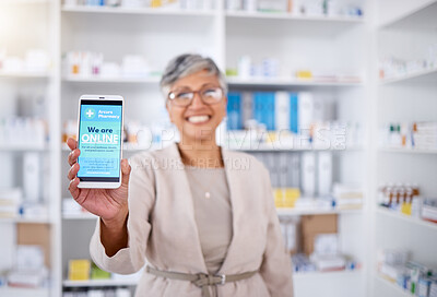 Buy stock photo Pharmacy, contact and mobile for medical with doctor in closeup with internet or blurr background. Pharmacist, woman and hand with phone screen for online in portrait at drugstore with feedback.