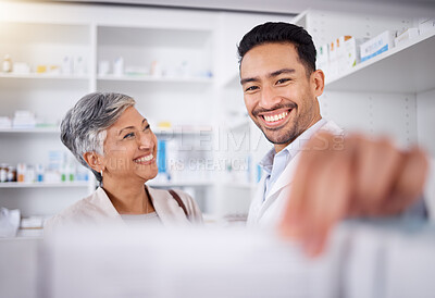 Buy stock photo Happy, senior woman and pharmacist to help, customer service or offer advice on a product, medicine or prescription. Trust, pharmacy and man helping elderly female with shopping, information or pills