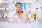 Phone call, woman in pharmacy with box of medicine, consulting for healthcare product information. Telehealth, pharmaceutical advice and senior person with decision, choice and cellphone consultation