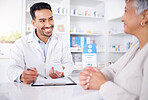 Customer service, senior woman and pharmacist with advice on medicine, drugs or shopping at a pharmacy or pharmaceutical store. Helping, medical expert in retail and conversation about healthcare