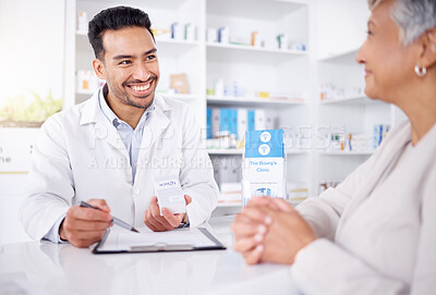 Buy stock photo Customer service, senior woman and pharmacist with advice on medicine, drugs or shopping at a pharmacy or pharmaceutical store. Helping, medical expert in retail and conversation about healthcare