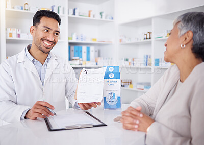 Buy stock photo Medicine, senior woman and pharmacist with advice on prescription drugs or shopping at a pharmacy or pharmaceutical store. Helping, medical expert in retail and conversation about healthcare