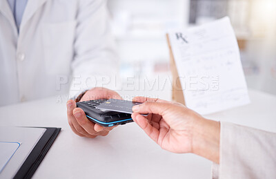 Buy stock photo Pharmacist, hands and credit card with payment, pos and tap for product, retail service and healthcare. People, fintech and pharmacy for digital transaction for wellness, pills or drugs in store