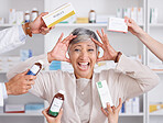 Healthcare, stress and senior woman with medication for a sickness, flu or cold  at pharmacy. Crazy, burnout and portrait of mature female person shouting or screaming with medicine options in clinic