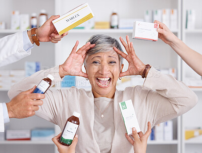 Buy stock photo Healthcare, stress and senior woman with medication for a sickness, flu or cold  at pharmacy. Crazy, burnout and portrait of mature female person shouting or screaming with medicine options in clinic