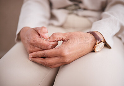 Buy stock photo Hands, depression or anxiety with a woman patient closeup on a sofa for mental health or psychology. Stress, healthcare and medical with a nervous female person sitting in an office of a psychologist