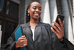 Judge, court or lawyer with phone to contact a client, communication or legal services and advice on mobile app online. Smile, black woman and smartphone for research, information or consulting law