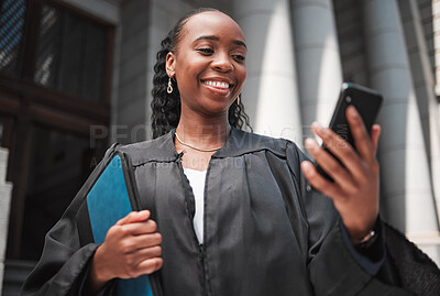 Buy stock photo Judge, court or lawyer with phone to contact a client, communication or legal services and advice on mobile app online. Smile, black woman and smartphone for research, information or consulting law