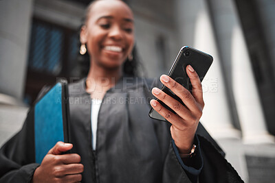 Buy stock photo Judge at court, hand and phone to contact a client, communication or legal services and advice on mobile app online. Smile, black woman and smartphone for research, information or consulting law