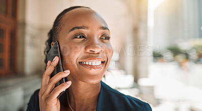 Buy stock photo Happy black woman, phone call and city for networking, communication or conversation. Face of African female person smile and talking on smartphone for business discussion or advice in an urban town
