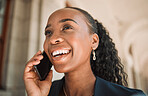 Happy black woman, phone call and laughing in city for conversation or communication. Face of African female person smile and talking on smartphone for business discussion or advice in an urban town