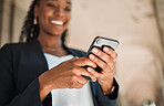 Smartphone, hands and woman typing, scroll social media and chat online, communication and technology. Internet connection, text message or email with closeup, female person and mobile app outdoor