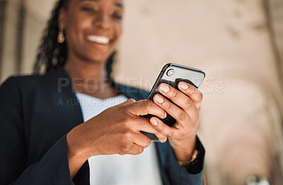 Buy stock photo Smartphone, hands and woman typing, scroll social media and chat online, communication and technology. Internet connection, text message or email with closeup, female person and mobile app outdoor