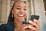 Phone, smile and a business black woman in the city, searching for location or typing a message. Mobile, commute and gps with a young female employee looking for directions on a navigation app