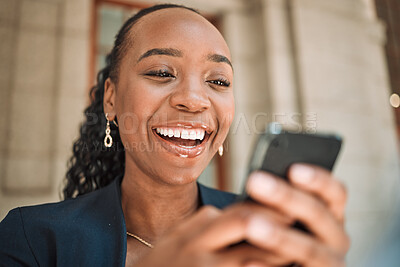 Buy stock photo Phone, smile and a business black woman in the city, searching for location or typing a message. Mobile, commute and map with a young female employee looking for directions on a navigation app