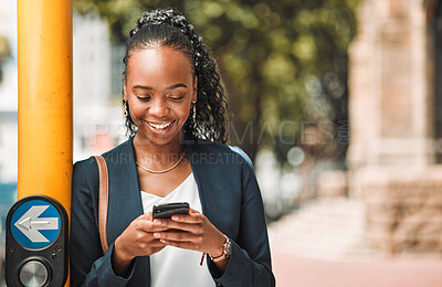 Buy stock photo Happy black woman, phone and city in travel, social media or communication in Cape Town. African female person with smile for chatting, texting or networking on mobile smartphone app by traffic light