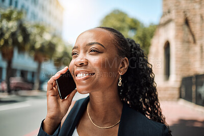 Buy stock photo Happy black woman, phone call and city in travel, conversation or communication outdoors. African female person smile for business discussion, networking or work trip on smartphone in an urban street