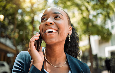 Buy stock photo Happy, thinking and a black woman on a phone call in the city for communication, networking and chat. Smile, ideas and an African employee speaking on a mobile in town for work, planning or contact