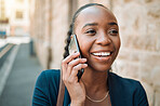 Happy black woman, phone call and walking in city for conversation or communication outdoors. African female person smile for business discussion, networking or travel on smartphone in an urban town